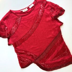 Vintage Oleg Cassini Neiman Marcus Red Silk Beaded & Sequin Short Sleeve Top M